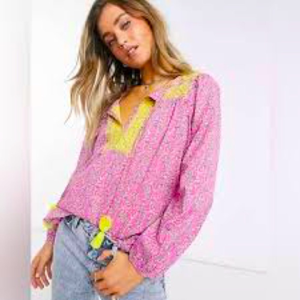 J. Crew embroidered cotton block print peasant blouse tunic small pink yellow